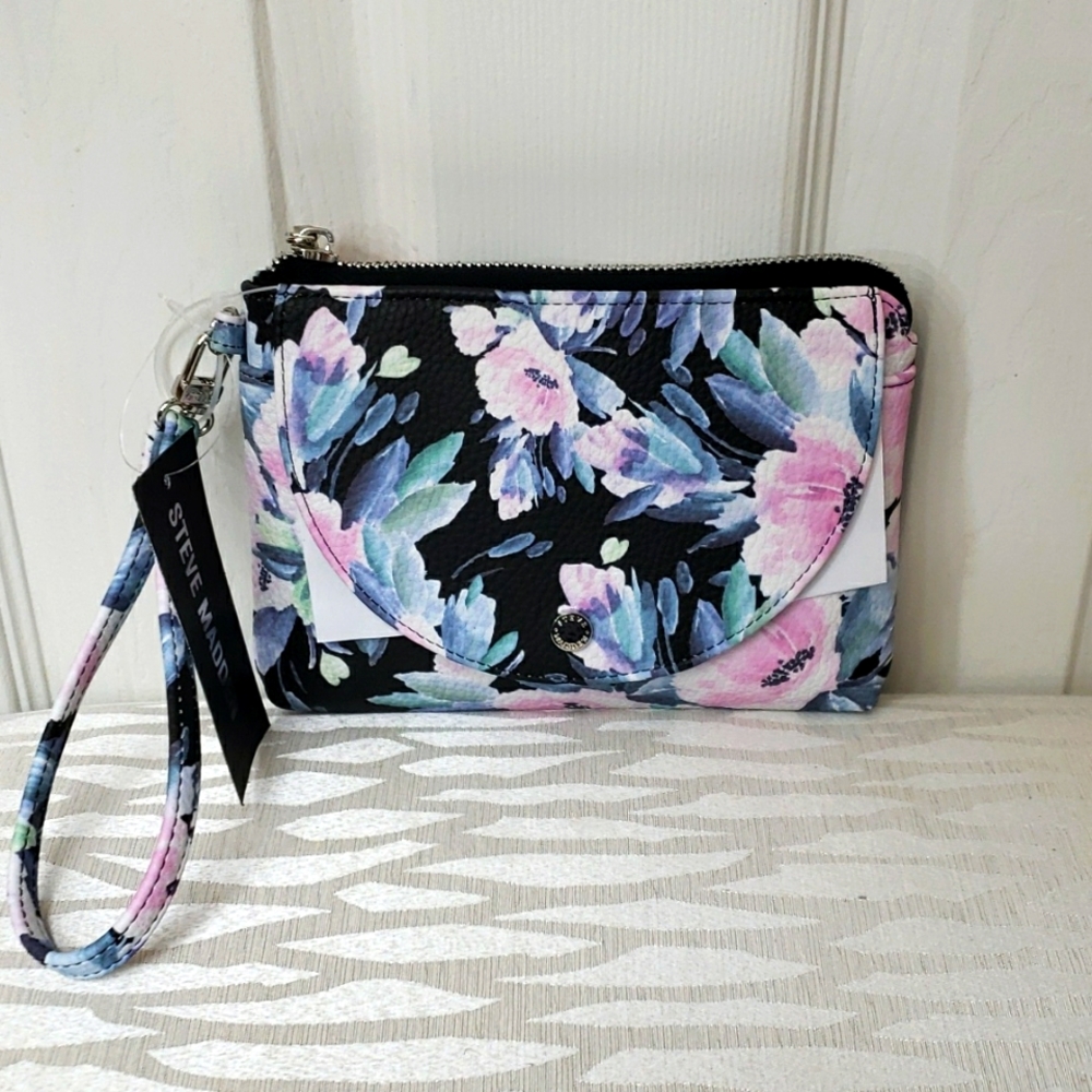 Steve Madden Wristlet, Wallet Black, Blue, Flowers, Blue, Black, Pink,